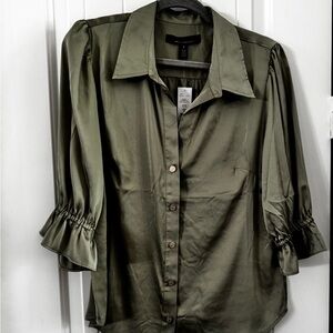 White House Black Market Green Button Down Blouse with Notched Collar
